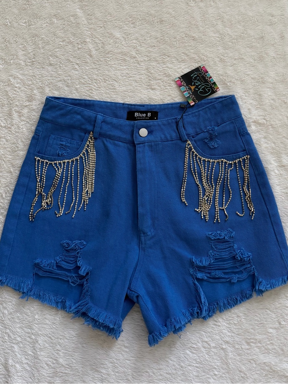 Blue B Priscilla rhinestone fringe pocket denim shorts NWT